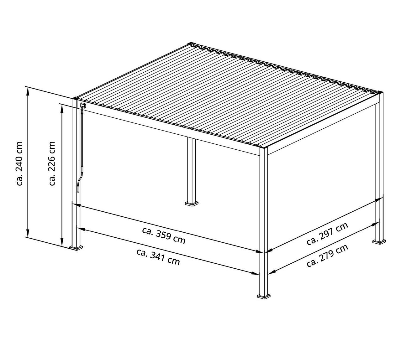 Draufsicht einer Leco Lamellenpergola 360 x 300 cm mit Maßangaben.