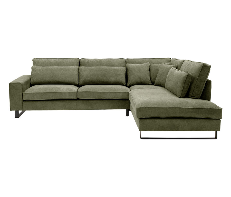 Olivgrünes Ecksofa mit schwarzen Metallbeinen und losen Kissen.