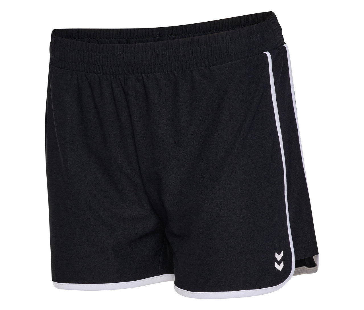 Nahaufnahme der HUMMEL Damen-Shorts in Schwarz mit weißem Saum und Logo.