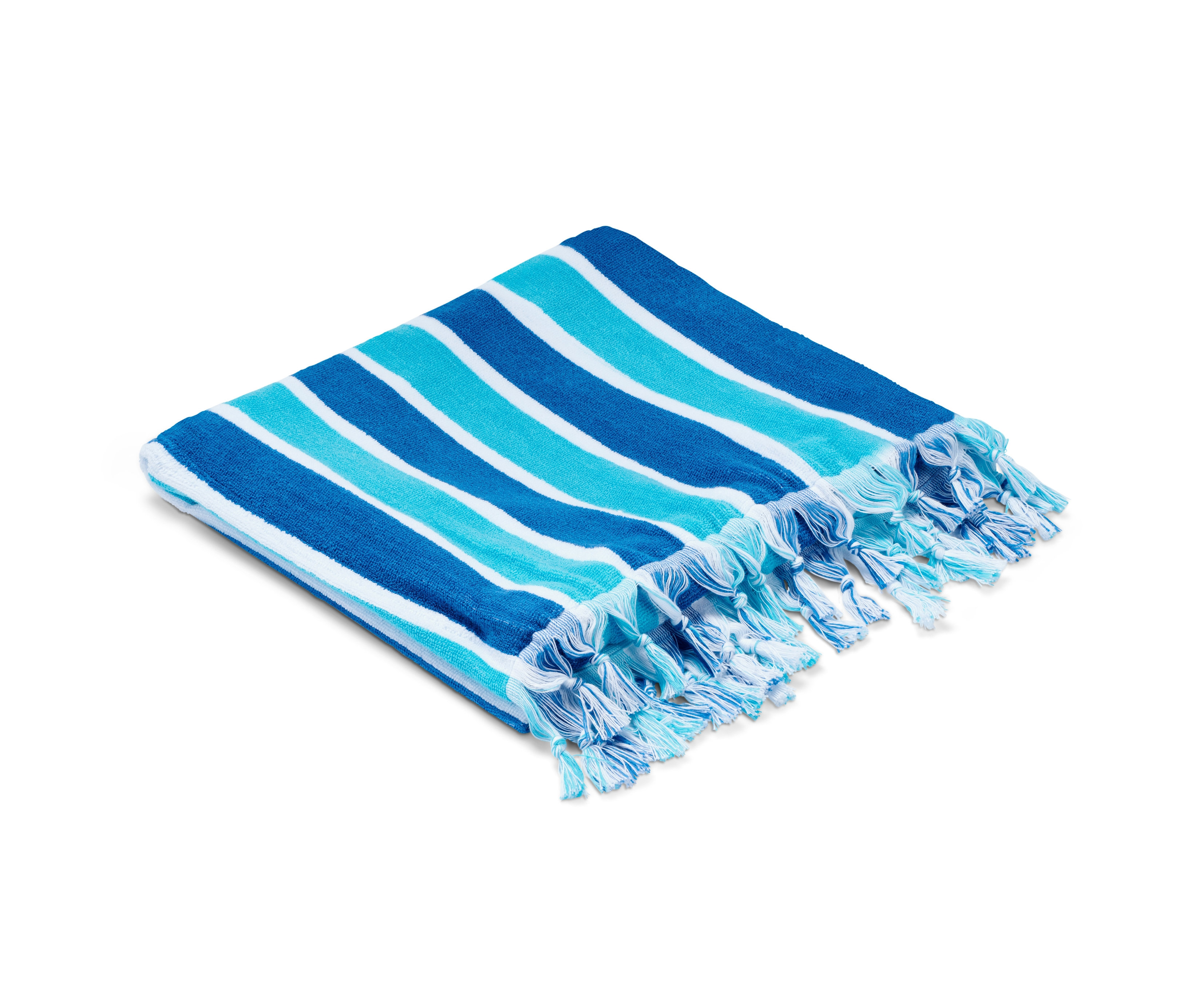 Gestreiftes Strandtuch in blau und weiß mit Fransen.