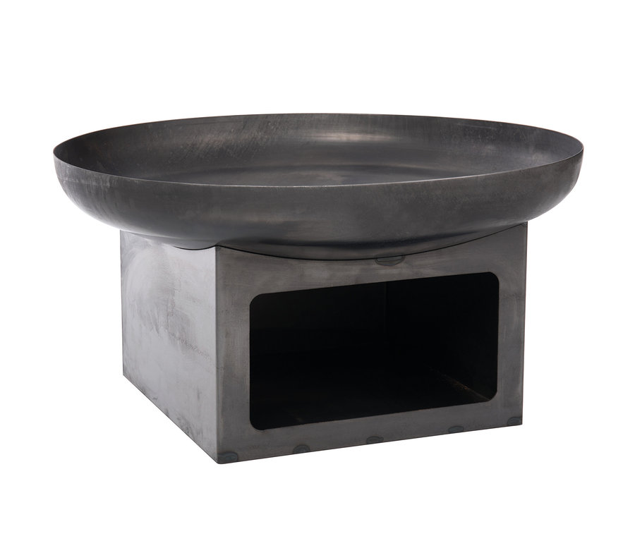 Eine Feuerschale »Juva Industrial«, ca. 80 cm aus Metall steht auf einem Metallsockel mit Aussparungen.