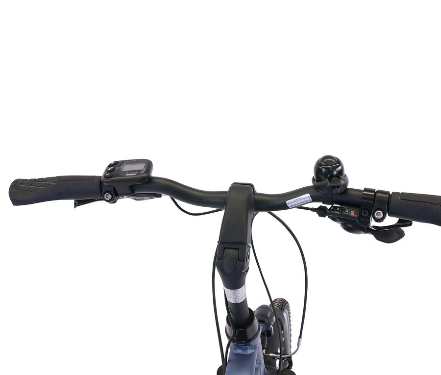 Detailaufnahme des Lenkers eines blauen HAWK Bikes E-Bike Herren "e-Trekking Gent BAFANG".