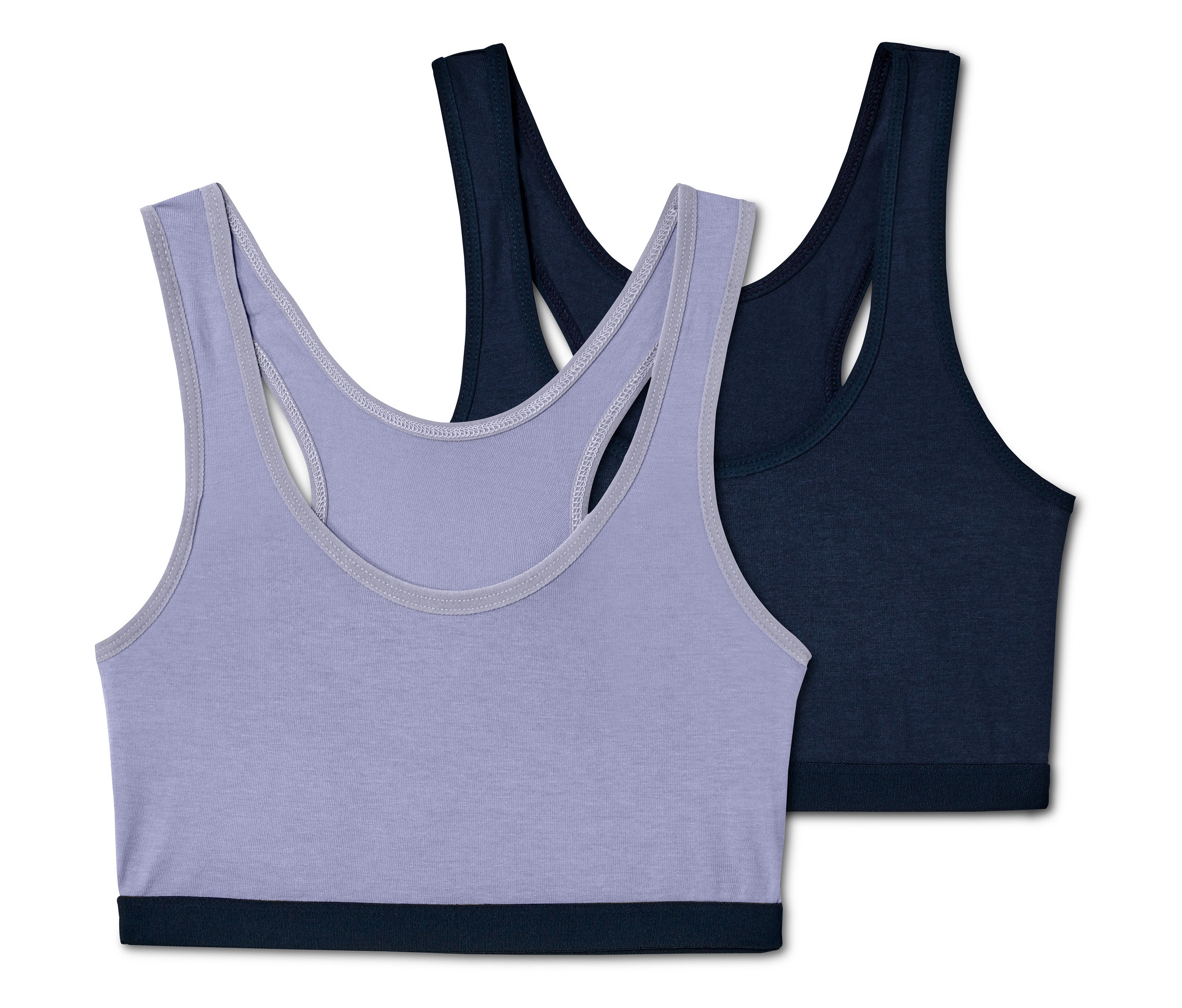 Zwei Mädchen-Bustiers, helllila und dunkelblau.