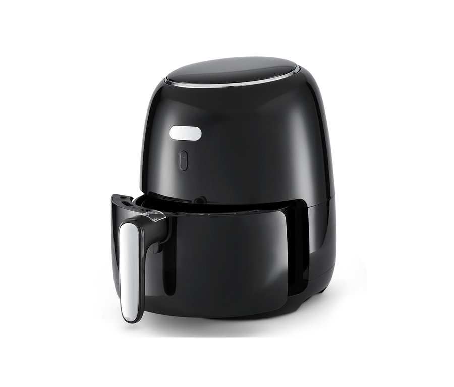 Eine schwarze digitale Heißluft-Fritteuse mit herausgezogenem Korb.