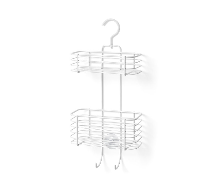 Duschregal zum Aufhängen mit zwei Ablagen und Haken.