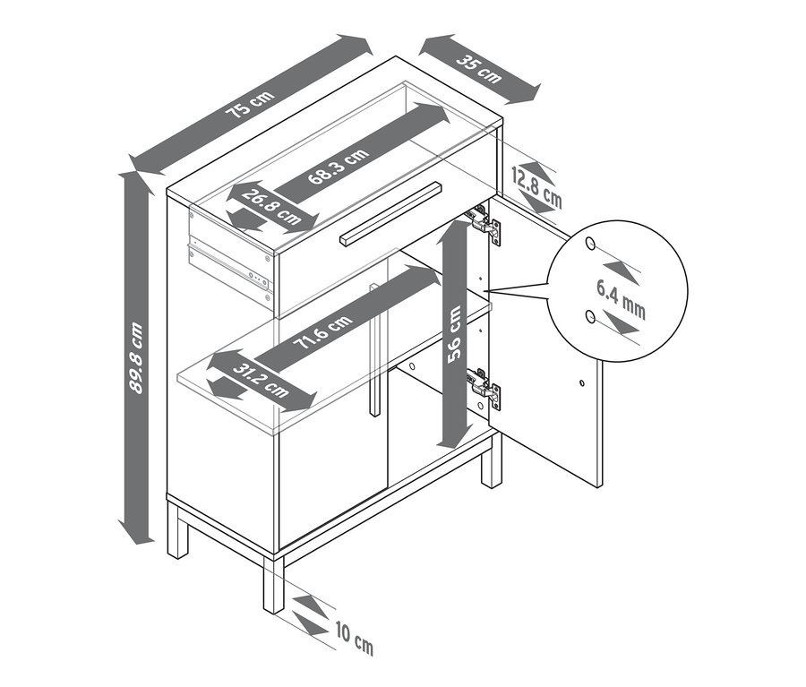 Diagramm zeigt die Abmessungen des Bad-Sideboards »Eklund« mit einer Schublade und einer Tür.