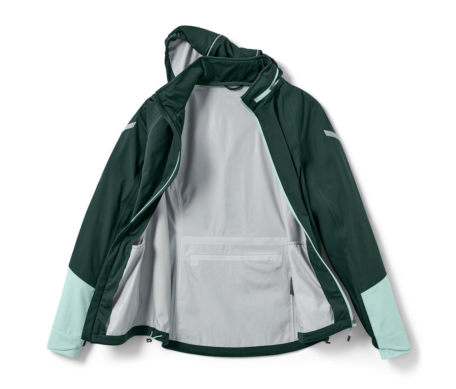 Offene Rad-Regenjacke, innen grau, außen dunkelgrün mit türkisfarbenen Ärmeln.