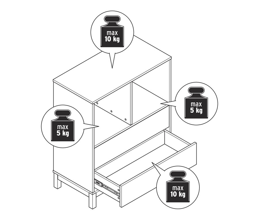 Abbildung einer Hochkommode mit 2 Schubladen, wobei eine Schublade geöffnet ist.