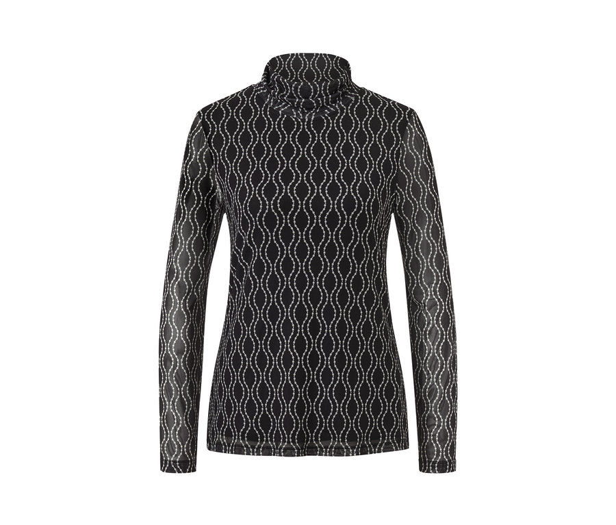 Schwarzes bedrucktes Mesh-Rollkragenshirt.