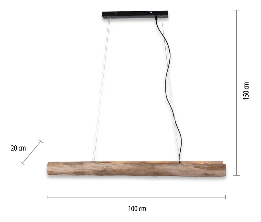 Die braune Pendelleuchte »Log« wird aus der Front gezeigt. Die Maße sind 100 x 20 x 150 cm.