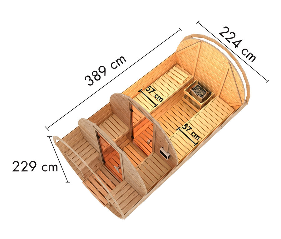Draufsicht der Karibu Fasssauna »Nadi 3« aus Holz mit Maßangaben.
