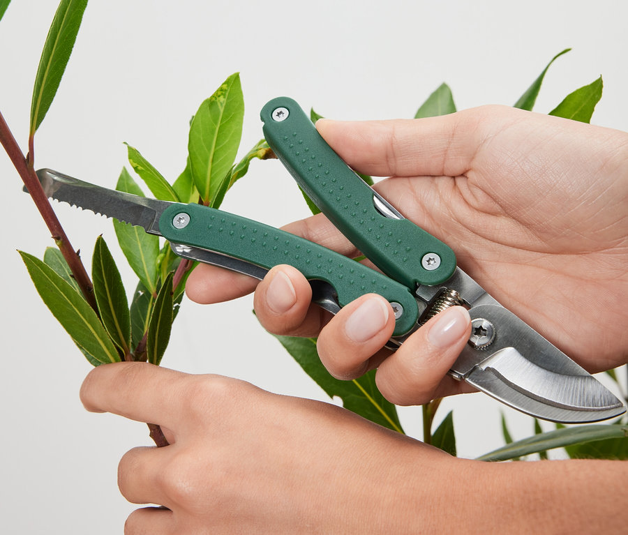 Eine Person schneidet einen Zweig mit einer Multifunktions-Gartenschere.
