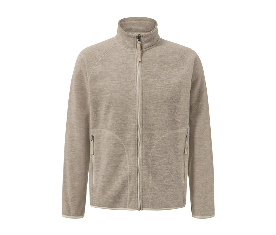 Beige Fleecejacke mit durchgehendem Reißverschluss.