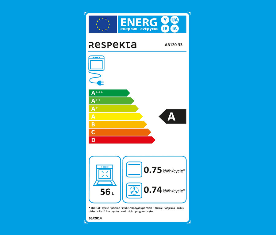 Energielabel für den Respekta Einbaubackofen AB 120-33, Klasse A, 56 Liter, 0,75 kWh/Zyklus.