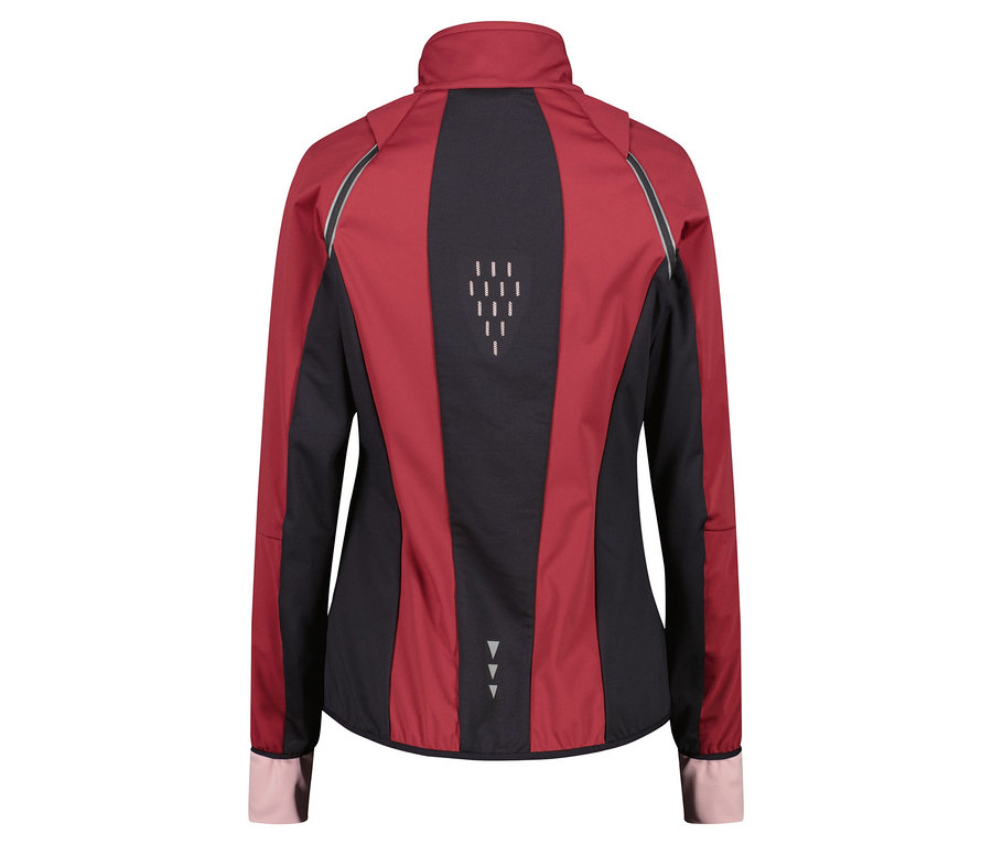 Rückansicht einer weinrot-schwarzen Langarmjacke.