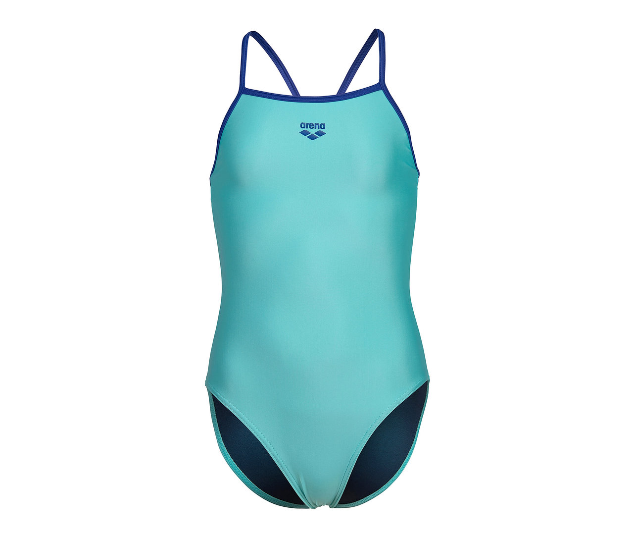 Türkiser Arena Feel Kinder-Badeanzug Light Drop Back Solid mit blauen Trägern.