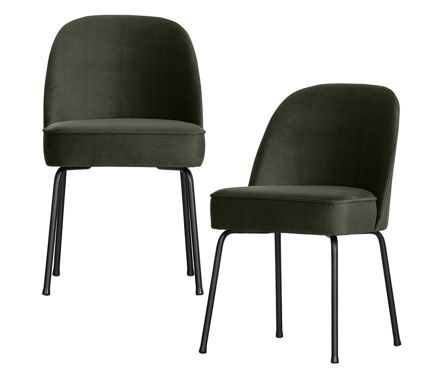 Zwei dunkelgrüne BePureHome Esszimmerstühle »Vogue« aus einem 2er-Set mit schwarzen Beinen.