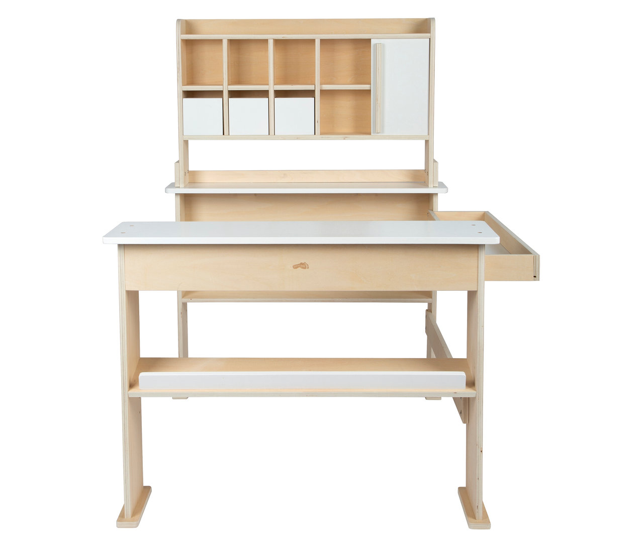 Leerer Holztisch mit Schublade und oberem Regal mit Fächern und Schränken.