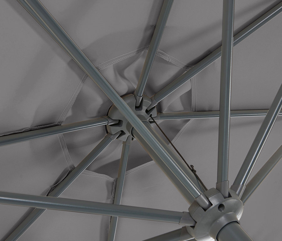 Ansicht von unten eines anthrazitfarbenen Leco Sonnenschirms, Ø 300 cm, inklusive Abdeckhaube.