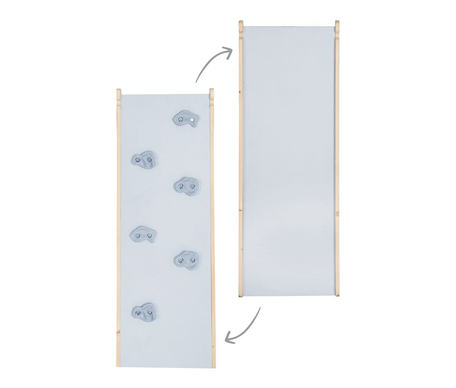 Zwei roba Rutschbretter mit Holzrahmen und blauen Klettersteinen.