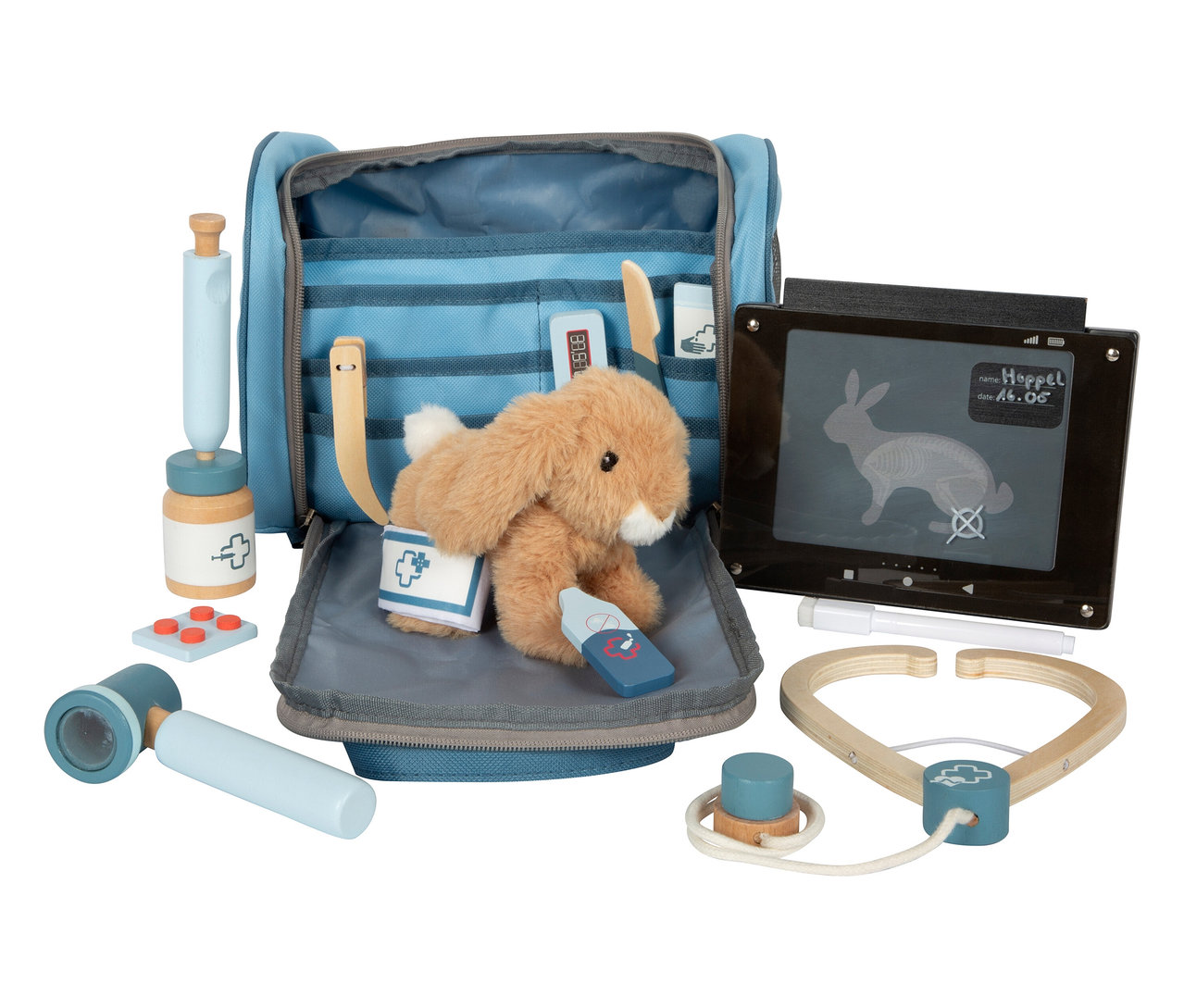 Die geöffnete, hellblaue small foot Tierarzt-Tasche mit Hase ist gefüllt mit Spielzeugdoktorartikeln.