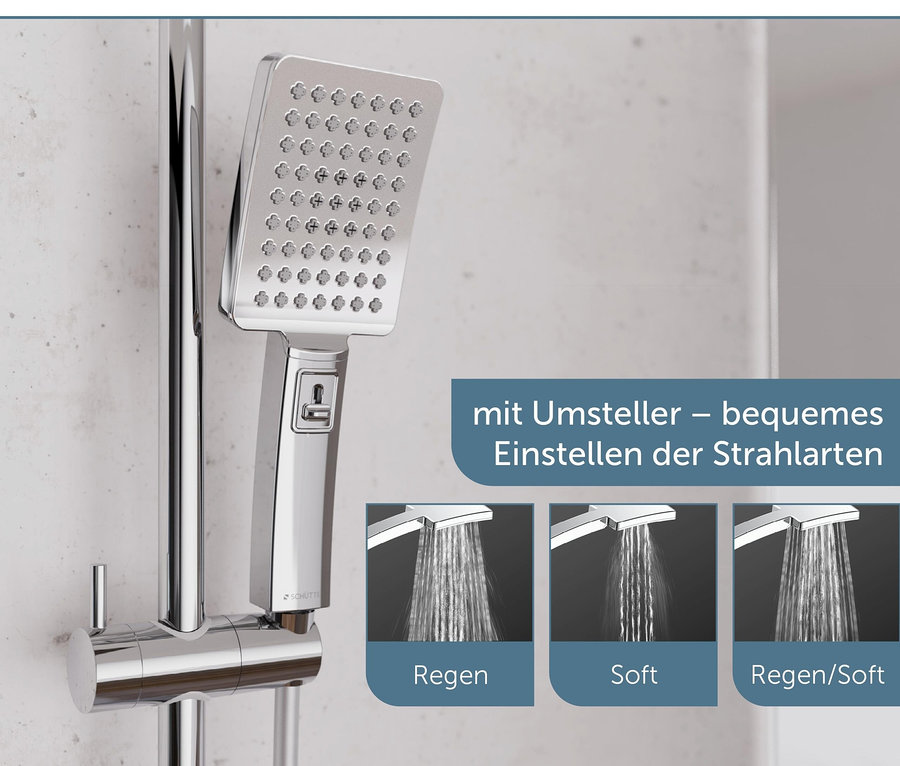 Verchromtes Überkopfbrause-Set »Mallorca«. Der quadratische Duschkopf ist an einer Stange befestigt.