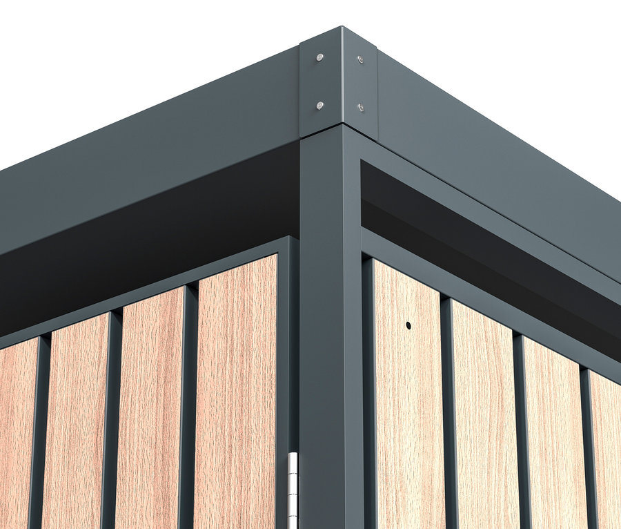 Detail einer Mülltonnenbox mit Blumenkasten, 3er.