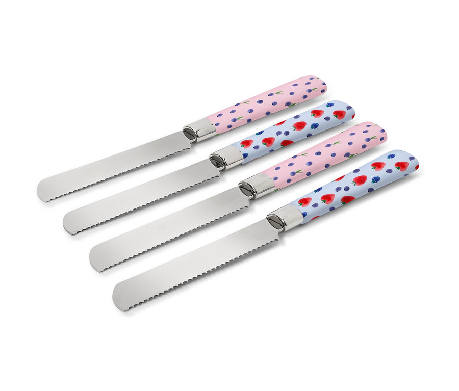 Vier Frühstücksmesser mit verschiedenen Mustern auf den Griffen.