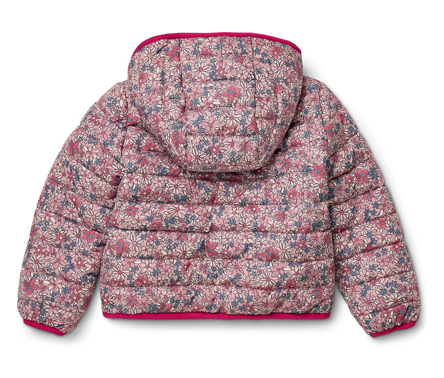Rückansicht einer gesteppten Kapuzenjacke mit Blumenmuster in Rosa, Blau und Weiß.