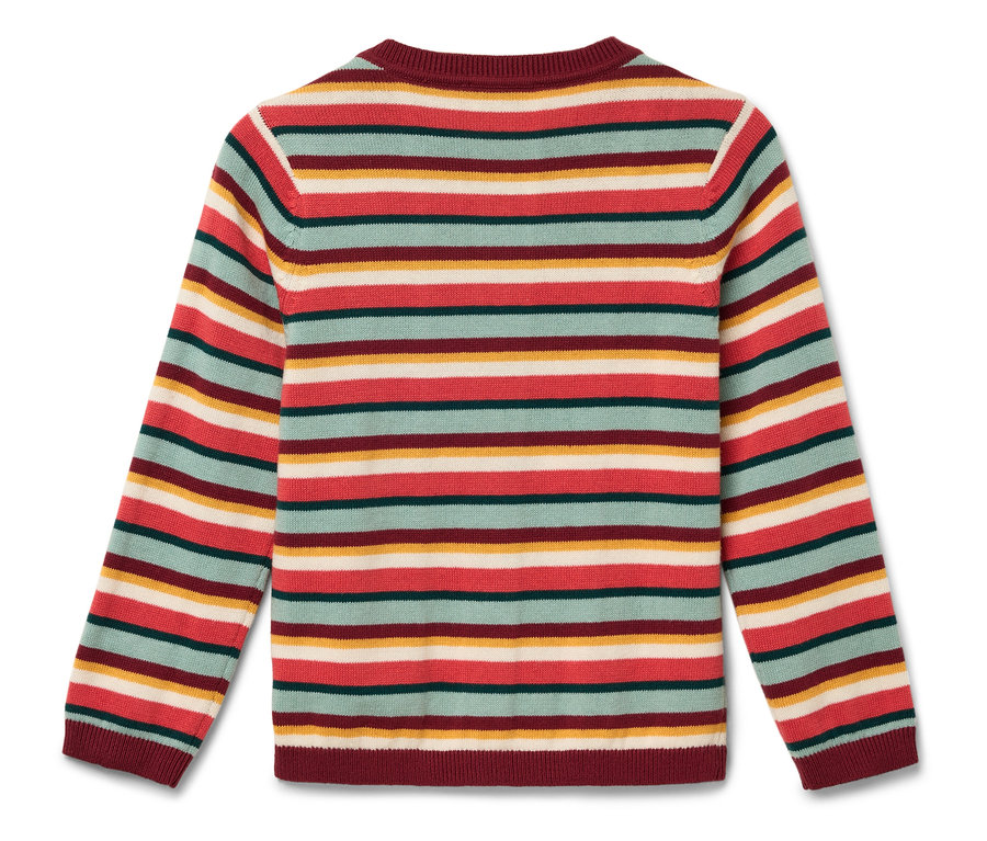 Gestreifter Langarmpullover in Rot, Grün, Gelb und Weiß.