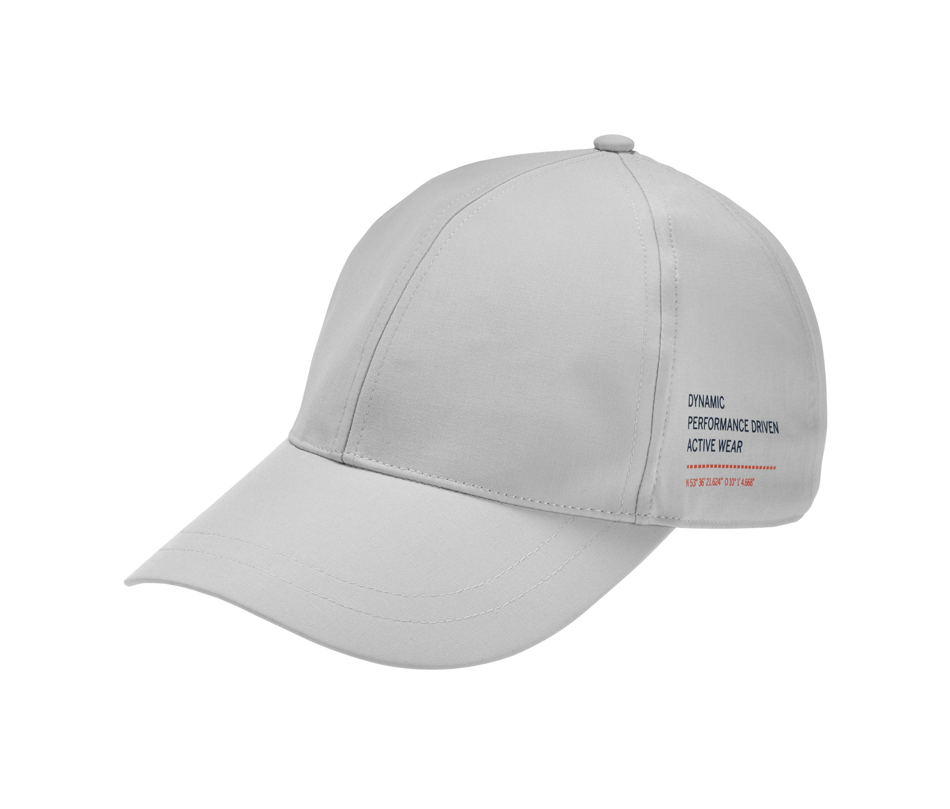 Hellgraue Sport-Kappe mit Aufschrift an der Seite.