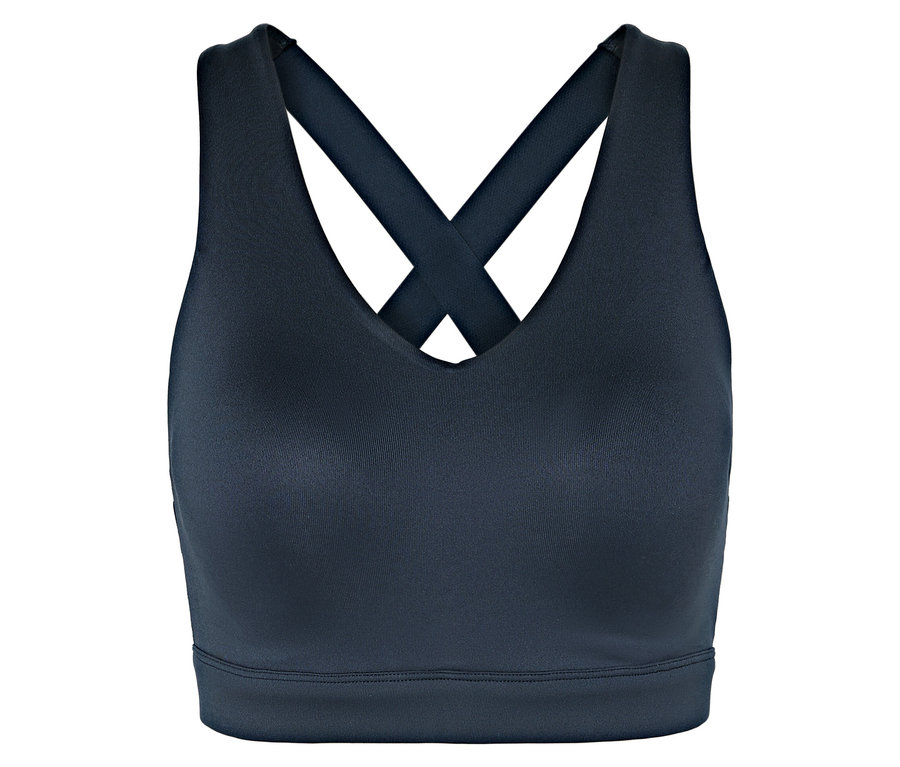 Marineblauer Sport-BH mit überkreuzten Trägern am Rücken.