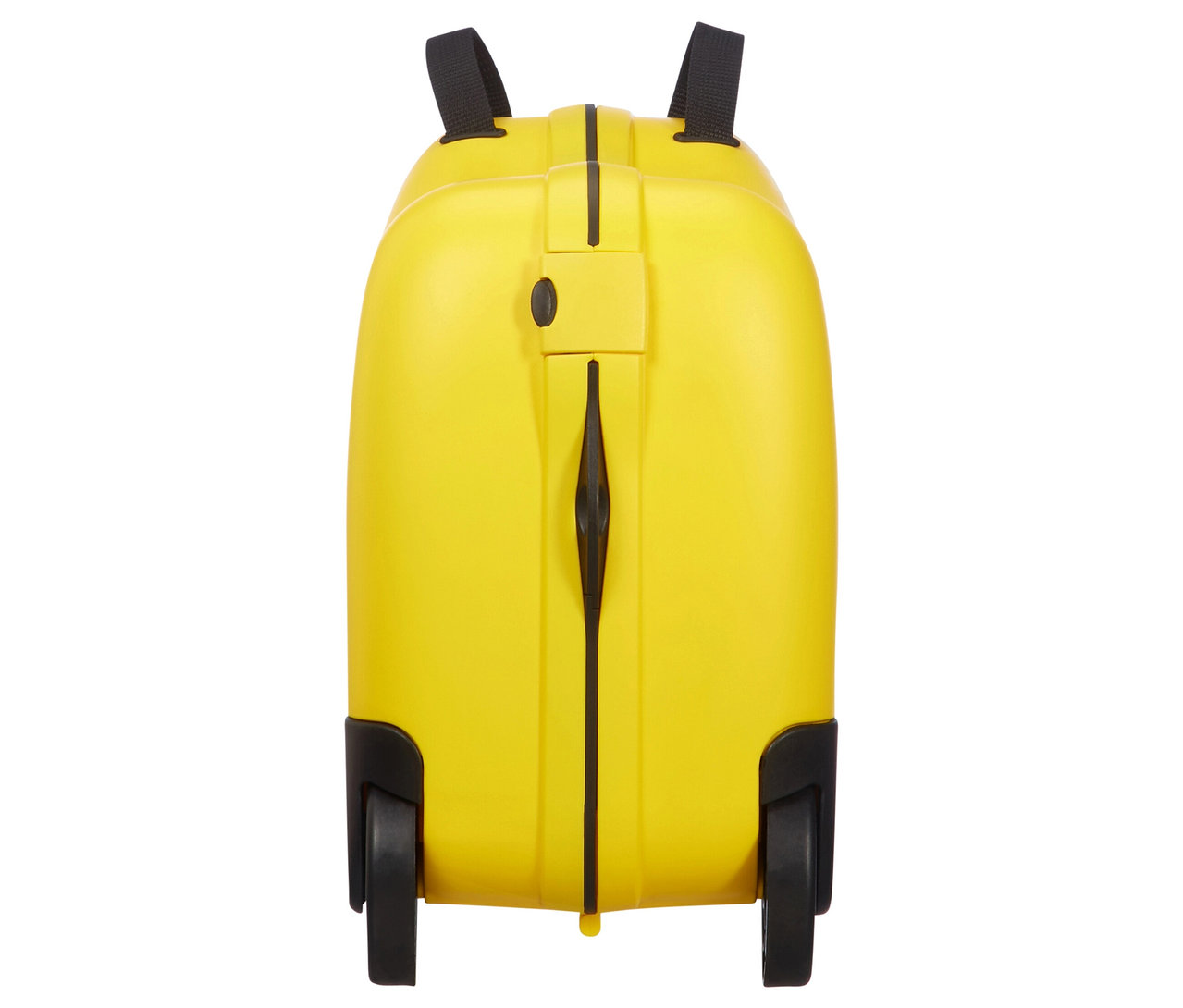 Gelber American Tourister »Funrider« Aufsitzkoffer in Bienenform von hinten mit Griff.