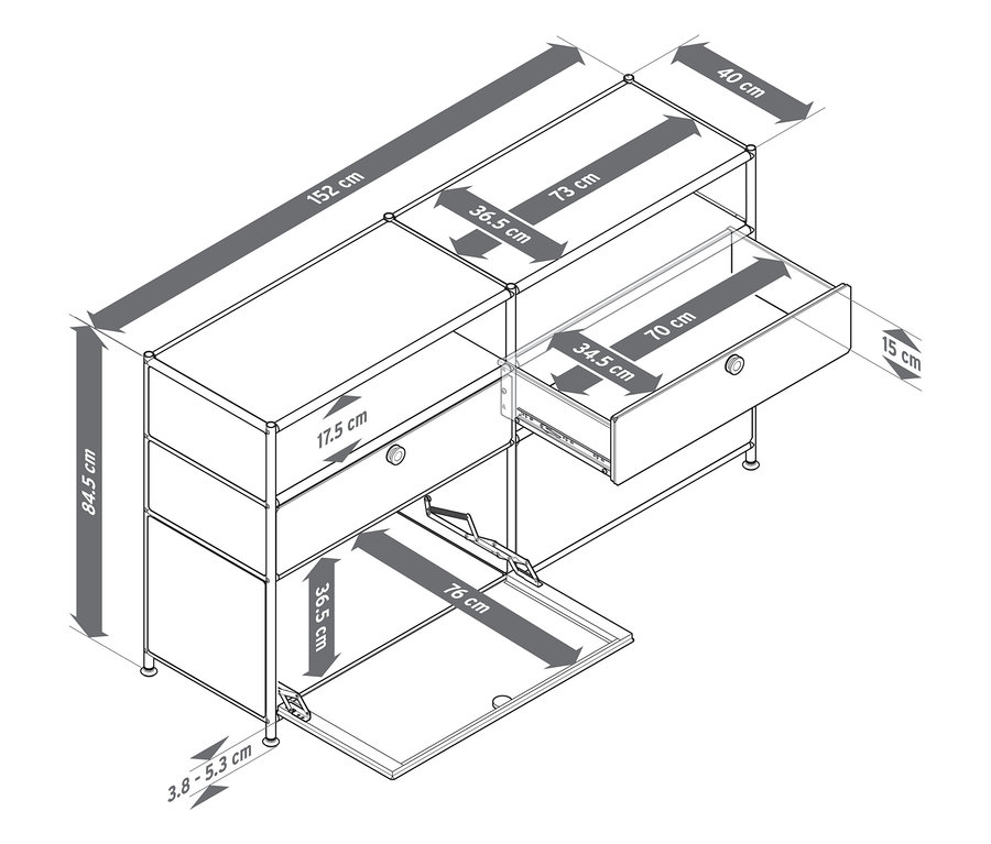Skizze eines Sideboards Metall "CN3" mit 2 Klappenfächern, 2 Schubladen und 2 offenen Fächern mit Maßangaben.