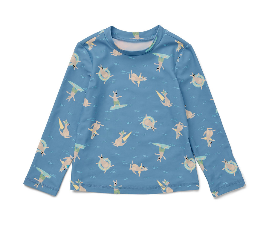 Blaues Kinder-Shirt mit UV-Schutzfaktor 80 und Känguru-Motiv.