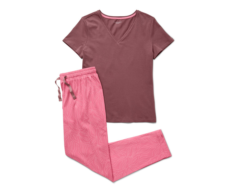 Rosa Pyjama mit Blattmuster und V-Ausschnitt T-Shirt.