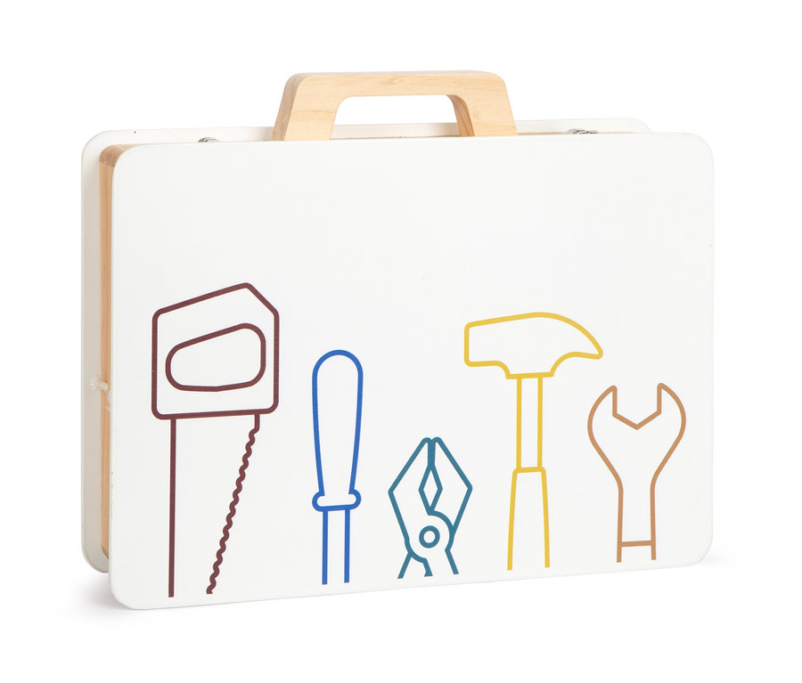 Weißer Koffer mit Holzgriff und bunten Werkzeugumrissen, small foot Werkzeugkoffer »Workshop«.