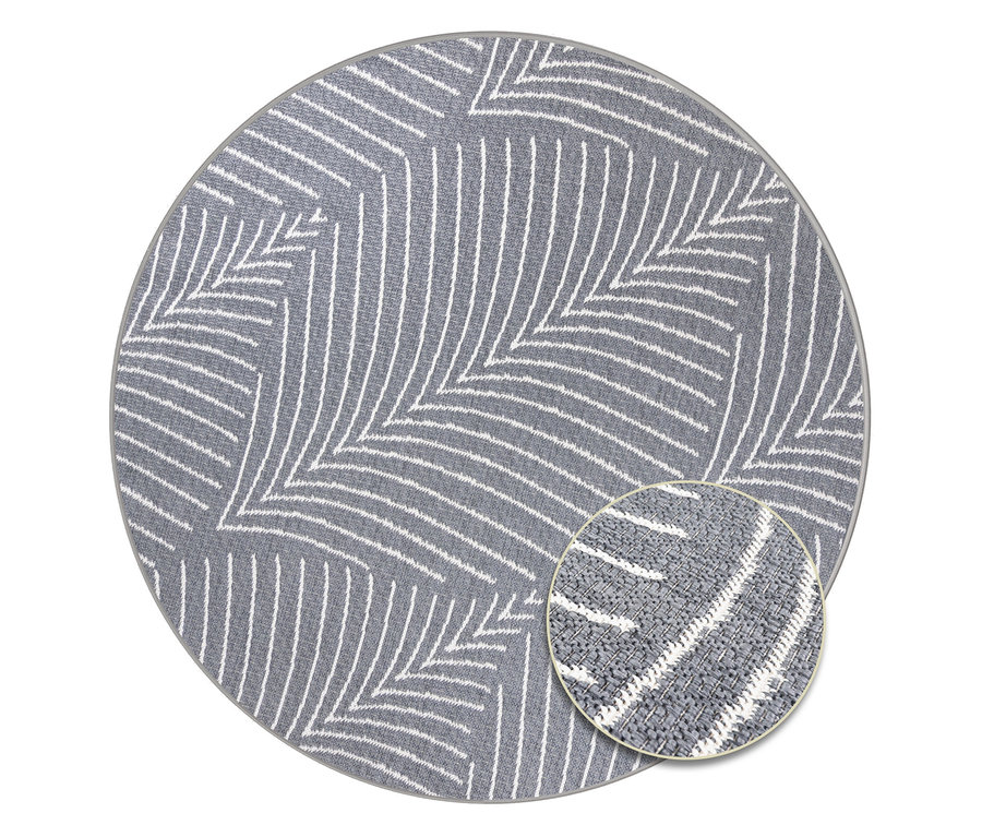 Grauer runder Teppich mit weißem Blattmuster und Detailaufnahme der Textur.