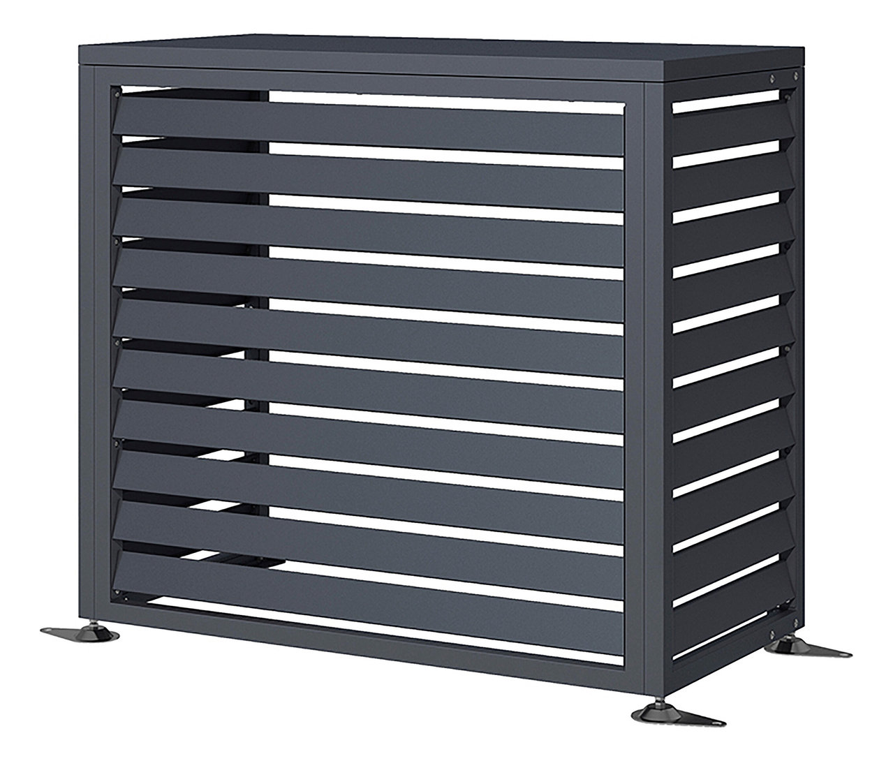 Graue Klimaanlagenabdeckung mit horizontalen Lamellen.