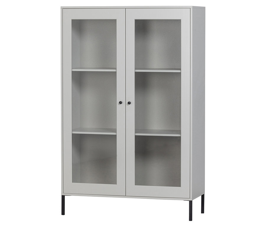 Ein grauer Glasschrank mit zwei Türen und schwarzen Füßen.