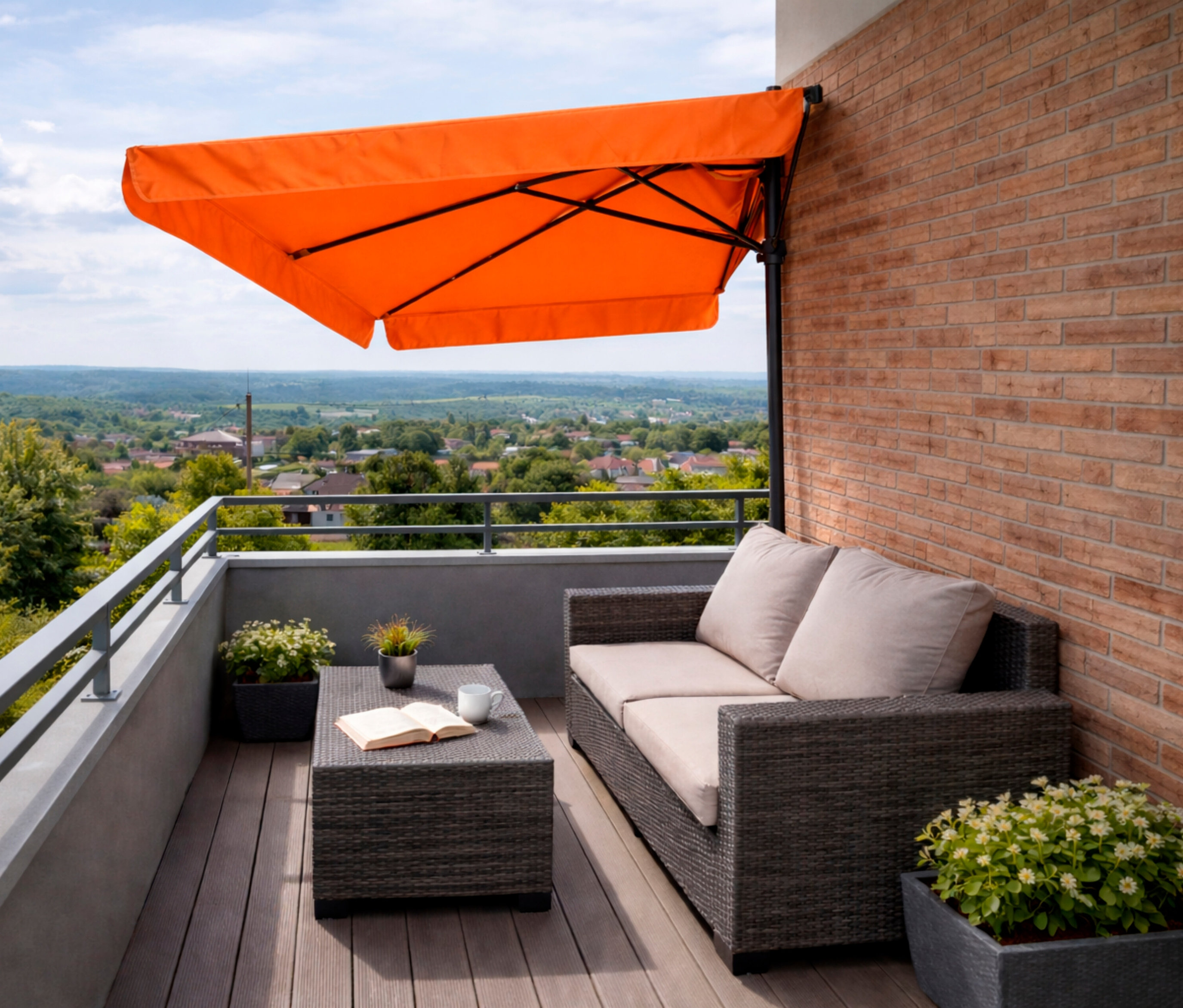 Eine orangefarbene Markise hängt über einem Sofa auf einem Balkon mit Blick auf eine grüne Landschaft.