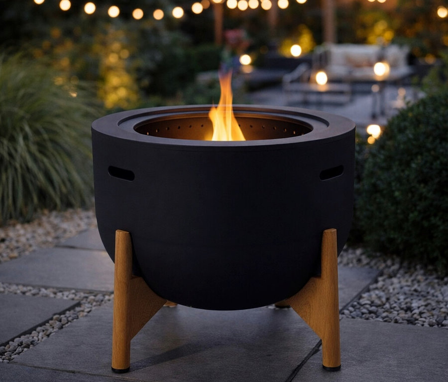 Die schwarze RedFire Feuerschale »Jubilee« mit raucharmer Verbrennung steht auf einer Terrasse, in der Feuerschale brennt ein Feuer.