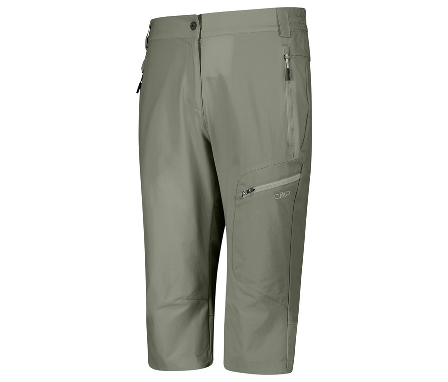 CMP Damen-Caprihose aus Stretch-Nylon in Khaki, seitlich und am Oberschenkel je eine Reißverschlusstasche.