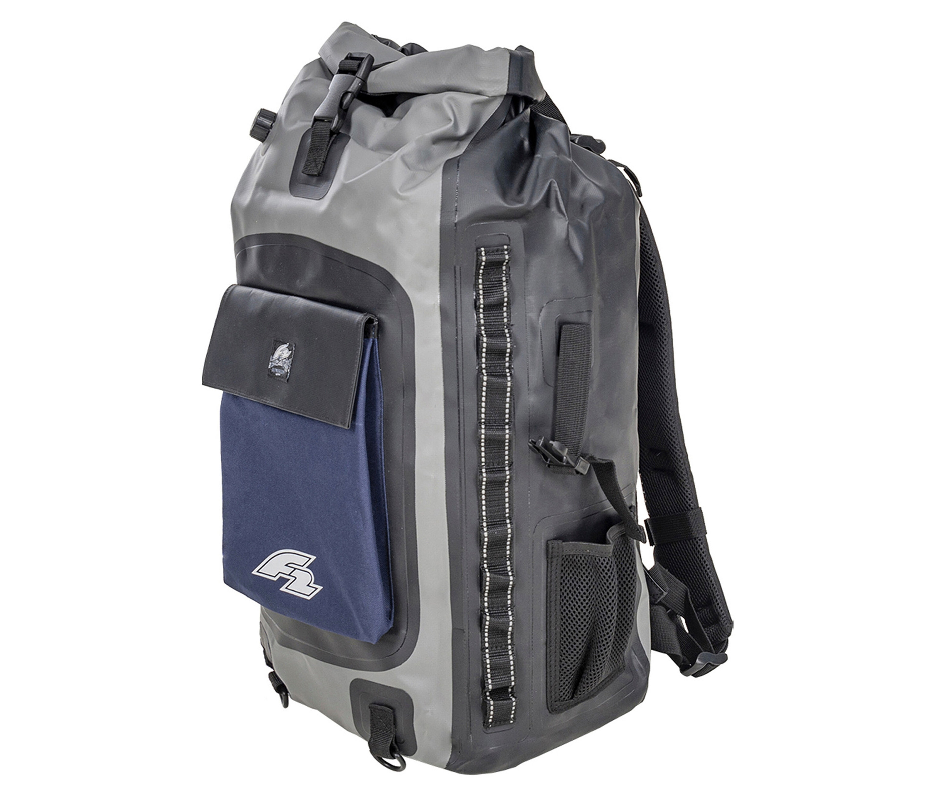 Grauer und schwarzer F2 Rucksack »Reef« mit 28 l Volumen, gesehen von der Seite.