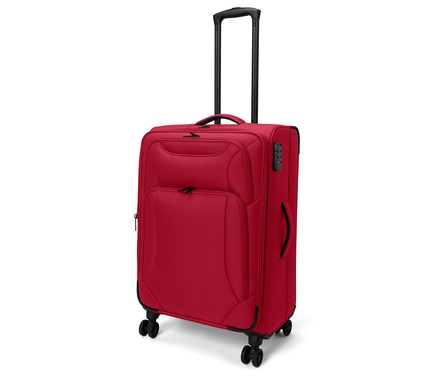 Roter Textilkoffer, mittel, mit ausgezogenem Teleskopgriff, vier Rollen und Zahlenschloss an der Seite.