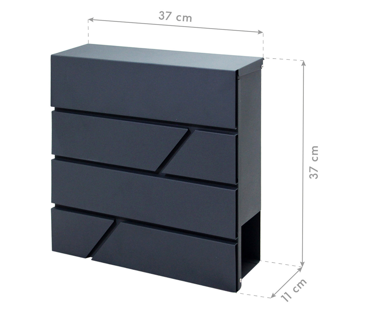 Ein dunkelgrauer Briefkasten mit horizontalen, versetzten Linien ist abgebildet. Pfeile zeigen die Maße: 37 cm hoch, 37 cm breit und 11 cm tief.