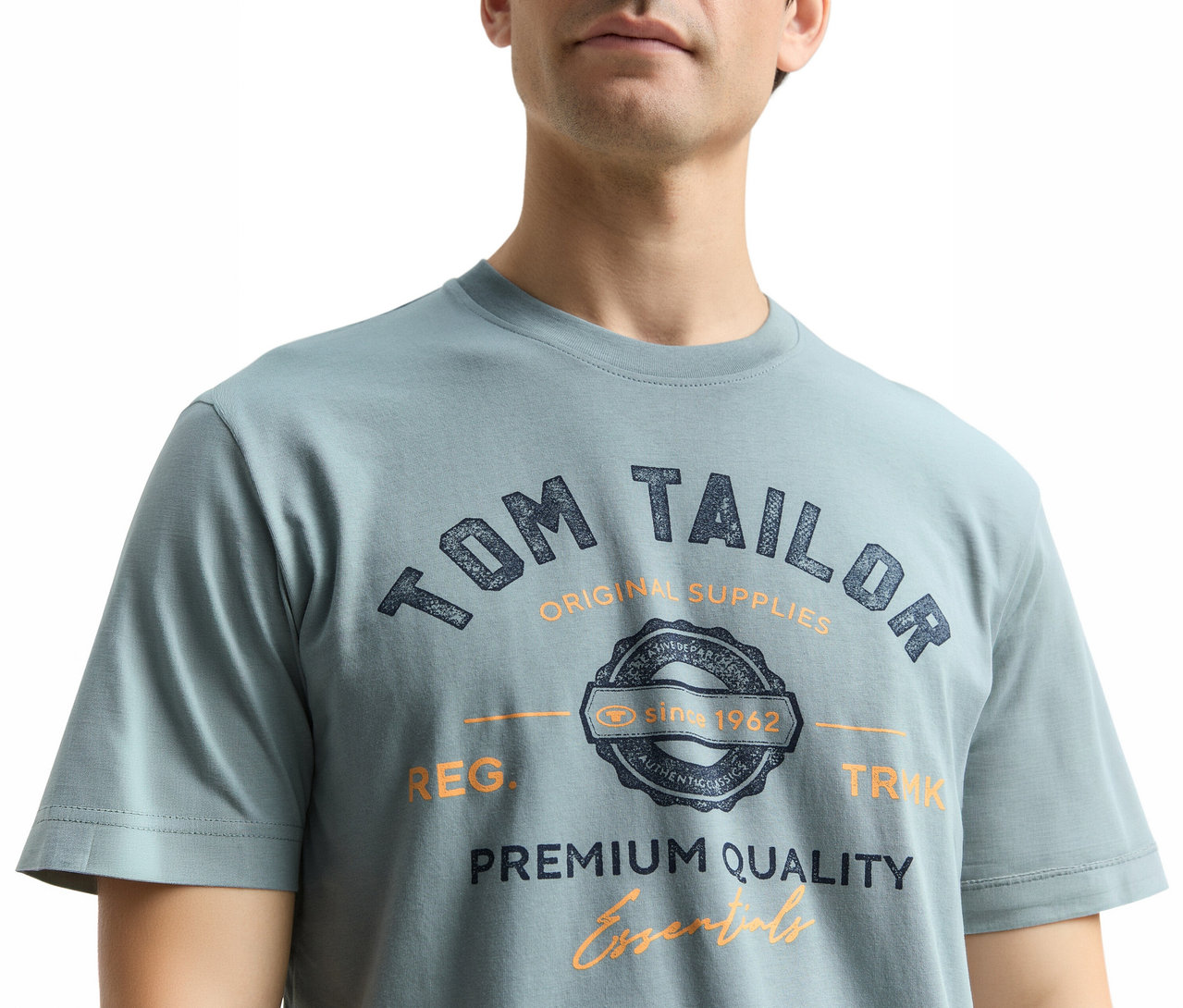 Mann trägt ein Tom Tailor T-Shirt mit Logo, Grey Mint.