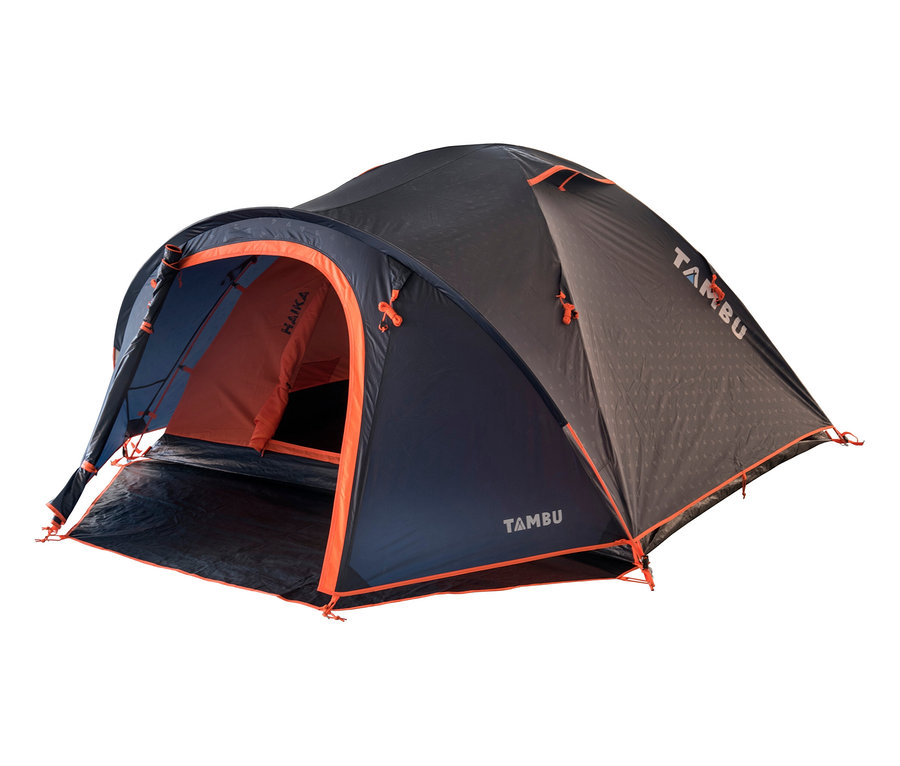 Aufgebautes, blaues Tambu »HAIKA 4« 4-Personen-Kuppelzelt mit orangefarbenen Akzenten.