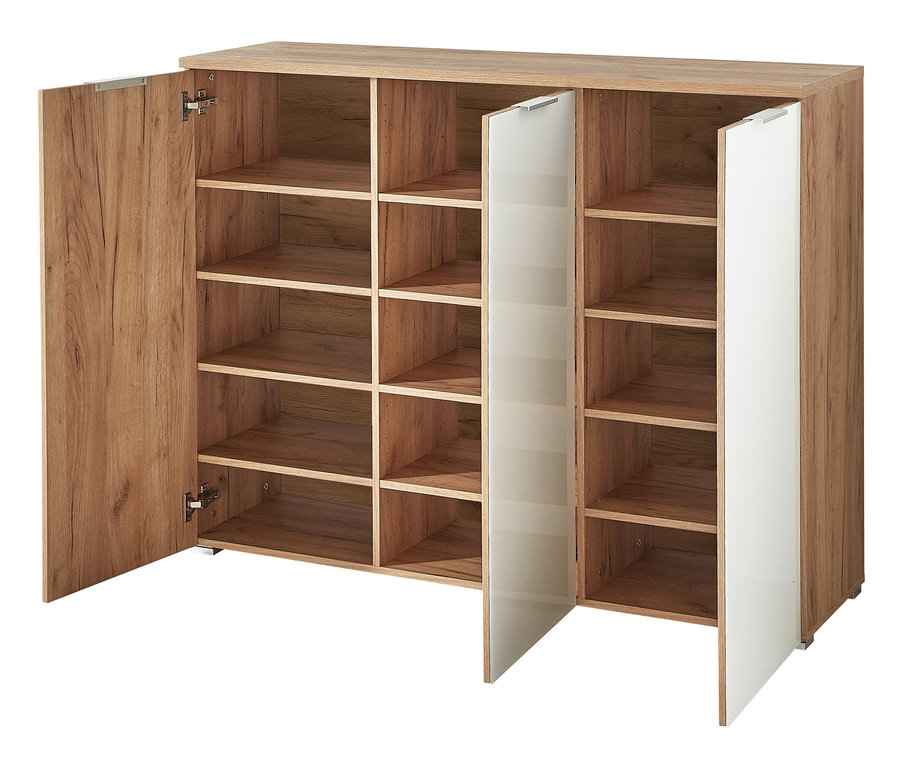 Geöffneter, brauner 3-türiger Schuhschrank »Telde« mit mehreren Regalböden.