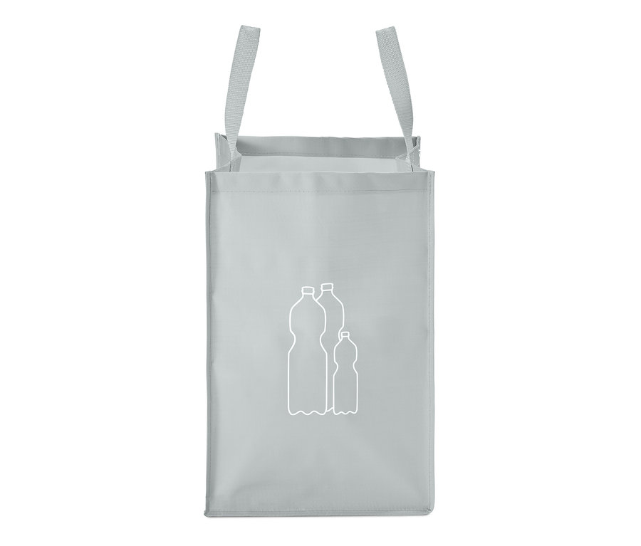 Graue Recyclingtasche mit weißem Flaschenaufdruck.